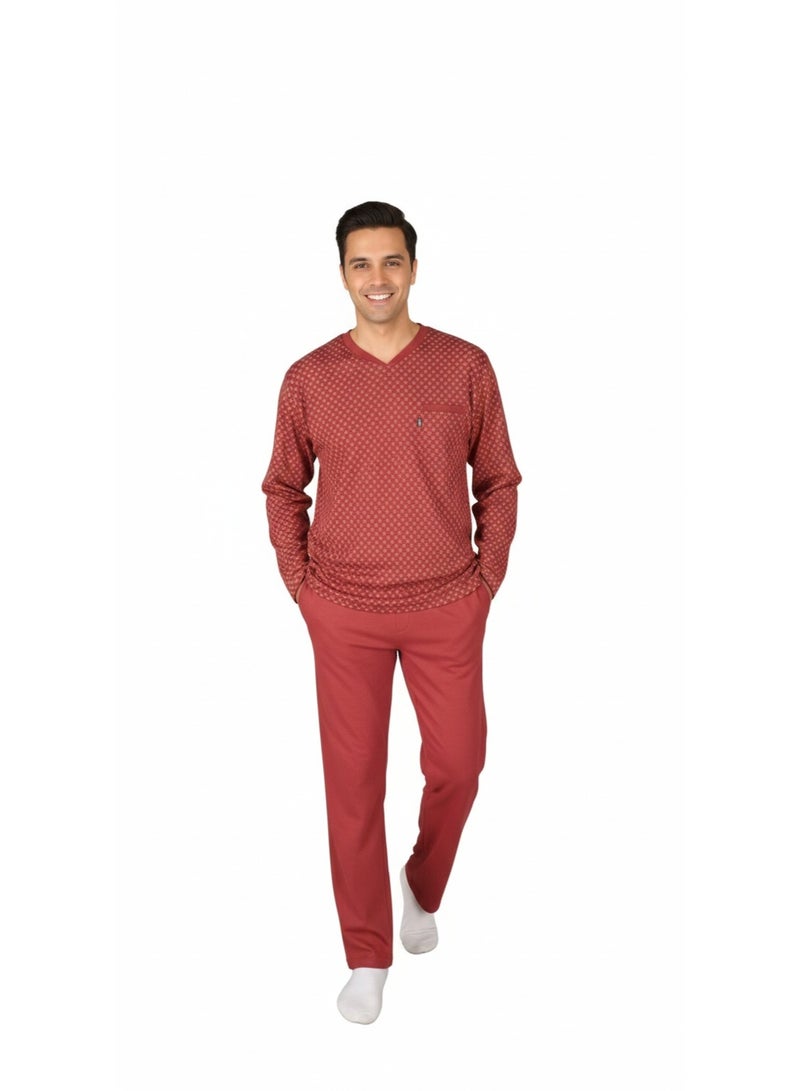 بيجاما رجالي كم طويل مطبوعة و رقبة سبعة وبنطلون طويل سادة - نبيتي